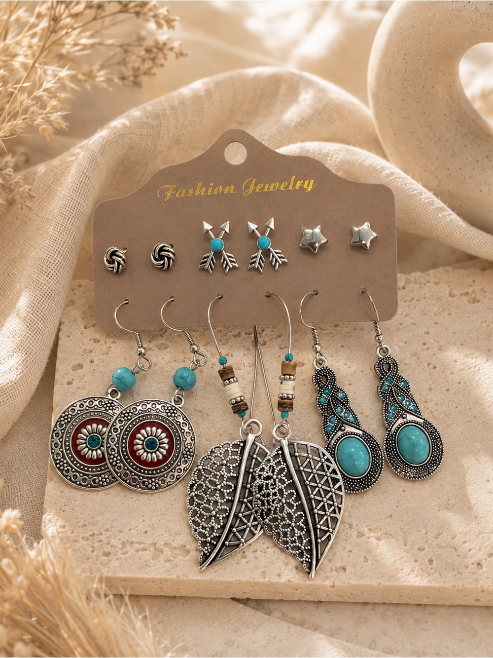 Fashion Jewelry Turquoise & Silver Mixed Earring Set